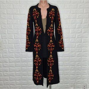 Vintage Moda International Black Chunky Knit Sweater Duster Floral Embroidered